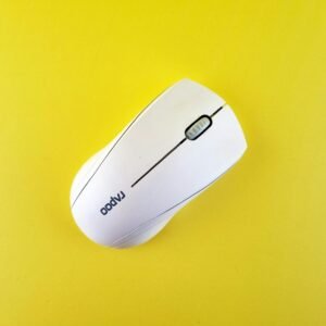 Home Minimalist white wireless mouse on yellow background, emphasizing modern technology and design.